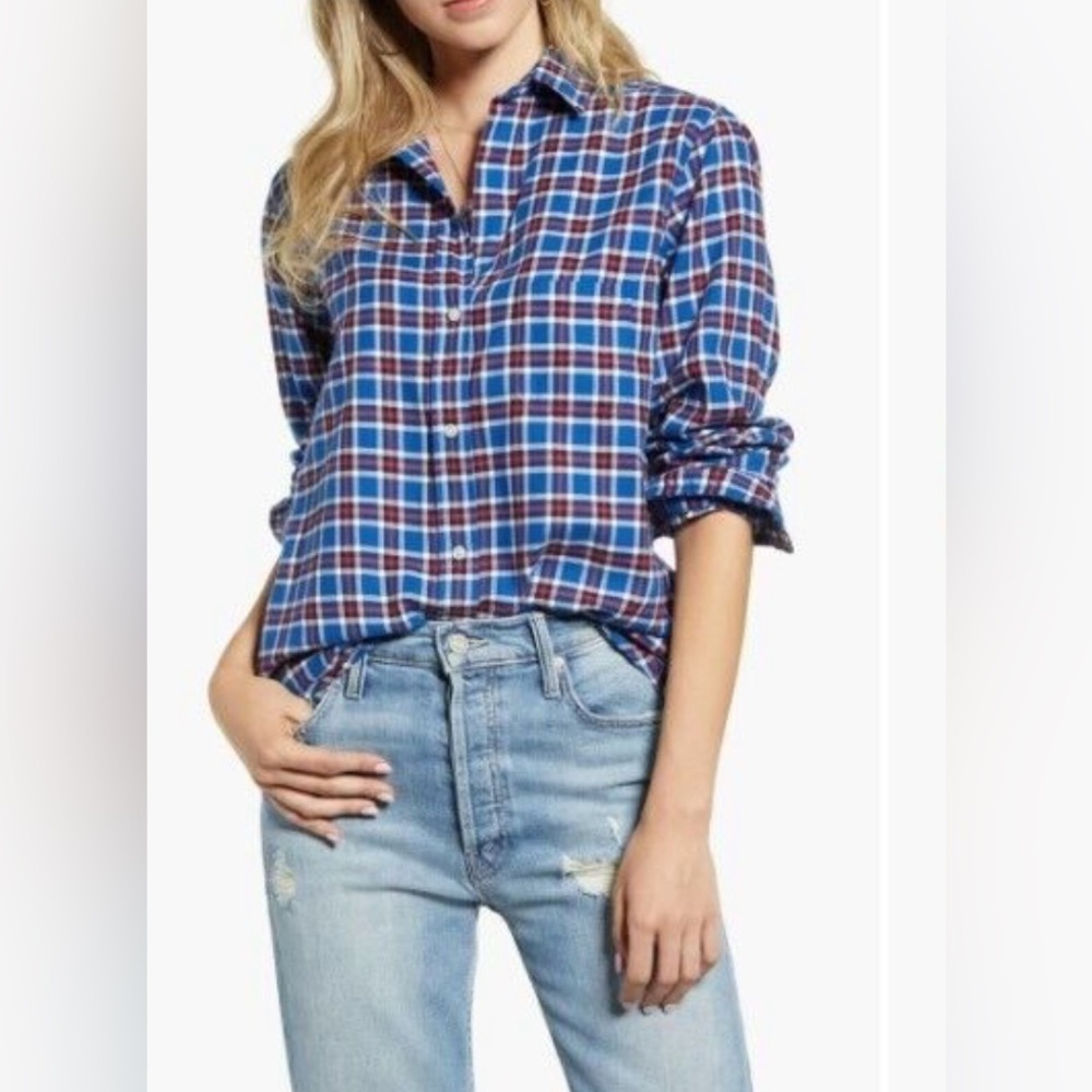 Grayson Shirt Blue Red Hero Plaid Feathered Cotton‎ Flannel Button Down Size